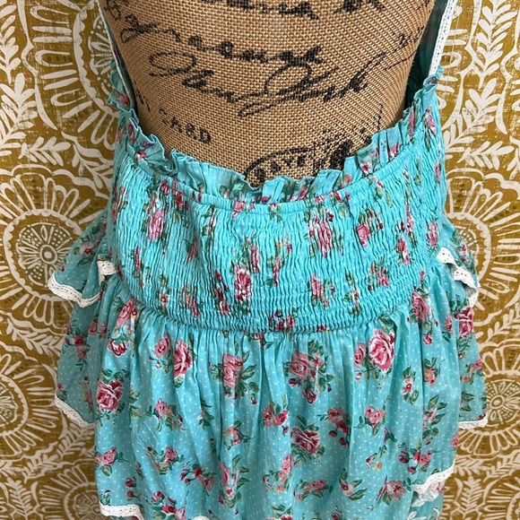 NWT Gipsy Queen Baroc Paris Floral Ruffle Tiered Halter Mini Dress Turquoise M - Picture 11 of 14